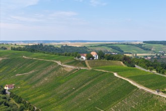 Vogelsburg near Volkach with monastery church of the Protection of the Virgin Mary, aerial view,
