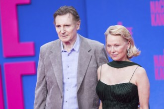 Liam Neeson and Pamela Anderson at the film premiere of The Naked Gun at the UCI Luxe East Side