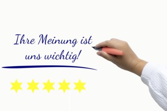 Rating Symbolic image: Text YOUR OPINION IS IMPORTANT TO US next to the cropped arm of a woman