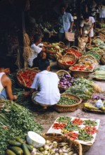 People shopping and stall holders vegetable market, Johor Bahru, Malaysia, Southeast Asia 1963