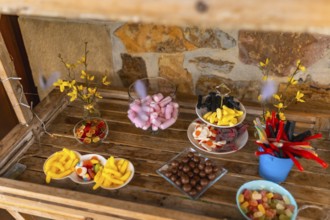 Delicious assortment of colorful candies presented on wooden table at a wedding reception, creating