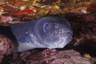 A conger eel (Conger conger) between rocks under water in the Mediterranean Sea near Hyères, dive
