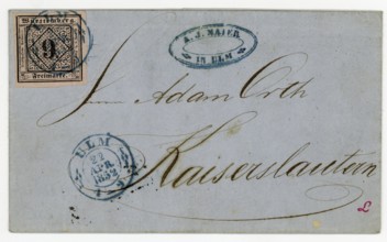 9 Kreuzer stamp from Württemberg on a letter to Ulm, 1852, Germany, Historical, digitally restored