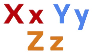 Colorful flat uppercase and lowercase magnetic plastic letters X through Z isolated on a white
