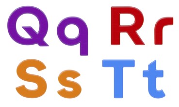 Colorful flat uppercase and lowercase magnetic plastic letters Q through T isolated on a white