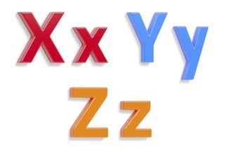 Colorful angled uppercase and lowercase magnetic plastic letters X through Z with drop shadows