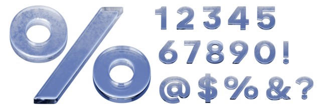 Ice or glass numbers and characters on a white background