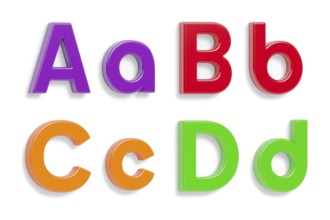 Colorful angled uppercase and lowercase magnetic plastic letters A through D with drop shadows