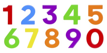 Colorful flat magnetic plastic numbers zero through nine isolated on a white background