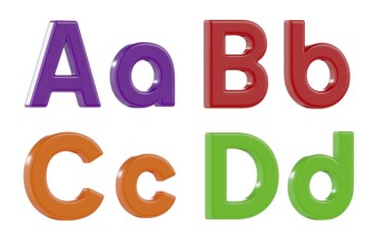 Colorful angled uppercase and lowercase magnetic plastic letters A through D isolated on a white
