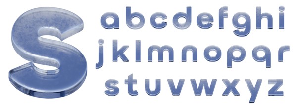 Ice or glass letters of full lowercase alphabet on a white background