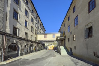 Alpine road with pass summit of Alpine Pass Grenzpass Großer Sankt St. Bernhard Pass leads through