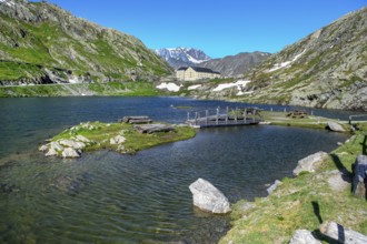 View of small island and simple wooden bridge in alpine lake Lac du Grand Gd Saint St Bernard, in
