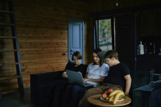 Three children sit closely together on a sofa in a wooden cabin, focused on a laptop. Natural light