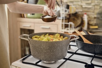 A person is preparing a healthy vegetable dish, adding salt from a small bowl into a pot on a stove