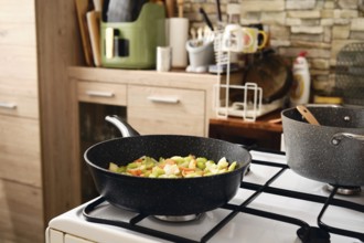 Fresh vegetables in a frying pan on the stove, showcasing a vibrant mix of colors. A cozy kitchen