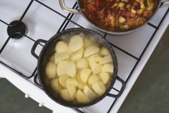 Potatoes are boiling in a pot on the stove while a stew simmers in another pot nearby. The warm