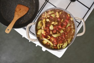 A pot filled with chopped vegetables and pork meat simmers on a stovetop. Fresh tomatoes, green