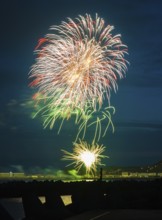 Brilliantly shining, atmospheric, intense fireworks in red, green and gold, Heligoland island