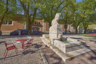 War memorial, public chairs, table, trees, square, blue sky, Unterer Lindenplatz, Bad Reichenhall,