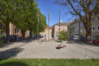 Square, general architecture, flagpoles, flags, trees, lawn, blue sky, cloudless, Unterer