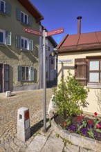 Signpost to the Peter and Paul Tower, signpost to Gruttenstein Castle, historic building, facade,