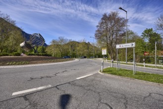 Salt works roundabout, stainless steel sculpture salt shaker, signpost to the salt works, streets,