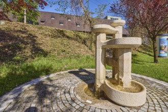 Stone fountain, fountain, cobblestones, trees, meadow, blue sky, cloudless, Anton-Winkler-Straße,