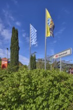 Bad Reichenhall-Kirchberg railway station, hedge, trees, flagpoles, Bavarian flag, Bad Reichenhall