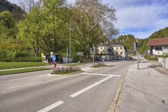 Pedestrian crossing, traffic lights, traffic island, lantern, multi-family houses, trees, flower