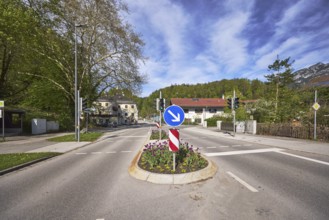 Traffic island, traffic lights, pedestrian crossing, lantern, multi-family houses, trees, flower