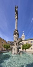 Wittelsbacherbrunnen, fountain, sculptor Karl Killer, historic town hall, trees, blue sky,