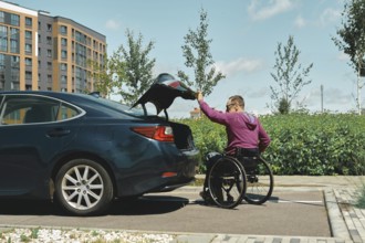 A man in a wheelchair is placing items into the trunk of a car in a bright urban area. The scene
