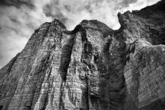 Cliff, cliffs, coastal landscape, rock formation, cloudy sky, black and white, Yport, chalk cliffs,