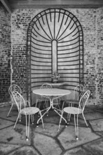 Seating area, seating group, rusty chairs, table, morbid, Maison Maurice Leblanc, museum in the