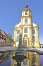 Baroque cruciform church with fountain and reflection, sculpture, water basin, Suhl, Franconia,