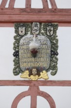Monument with inscription : assembly house protestant, anno, roman, year, 1537, ornaments, relief,