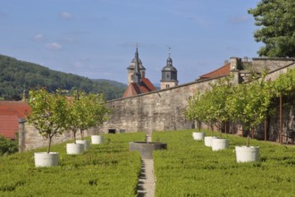 Terrace garden with potted plants with St George's Church, ornamental garden, cityscape, terrace