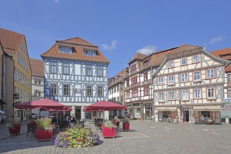 Half-timbered houses and street pub, Salzbrücke, Schmalkalden, Franconia, Thuringia, Germany