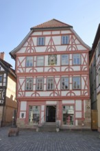 Red half-timbered house, Lutherhaus, Lutherplatz, Schmalkalden, Franconia, Thuringia, Germany