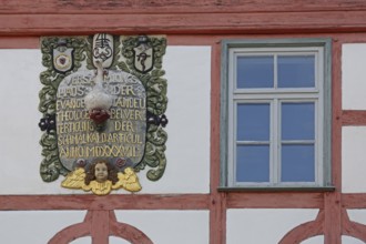 Monument with inscription : assembly house protestant, anno, roman, year, 1537, decorations,
