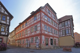 Red half-timbered house, Lutherhaus, Lutherplatz, Schmalkalden, Franconia, Thuringia, Germany