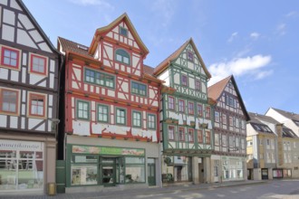 Red, green and brown half-timbered houses, colourful, idyll, Auer Gasse, Schmalkalden, Franconia,