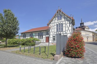 Old school and former hospital, white half-timbered house, Schmalkalden, Franconia, Thuringia,