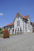 Old school, white half-timbered house, villa, Schmalkalden, Franconia, Thuringia, Germany