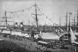 Sailing and steam ship in Buenos Aires harbour, quay facilities, crowd, tram, horse-drawn carts,