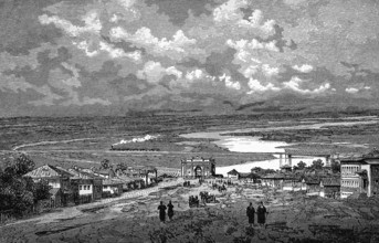 Steppe landscape in the south of Russia, village, city gate, road, water, railway, wide plain,