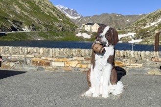 In front life-size figure of sitting dog Saint Bernard in original colours of Hunderassecwith small
