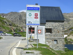View of front sign with information for customs clearance at historic Swiss border building Border