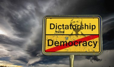 Symbolic image, Trump as US dictator, no more United States, democracy versus autocracy, Donald